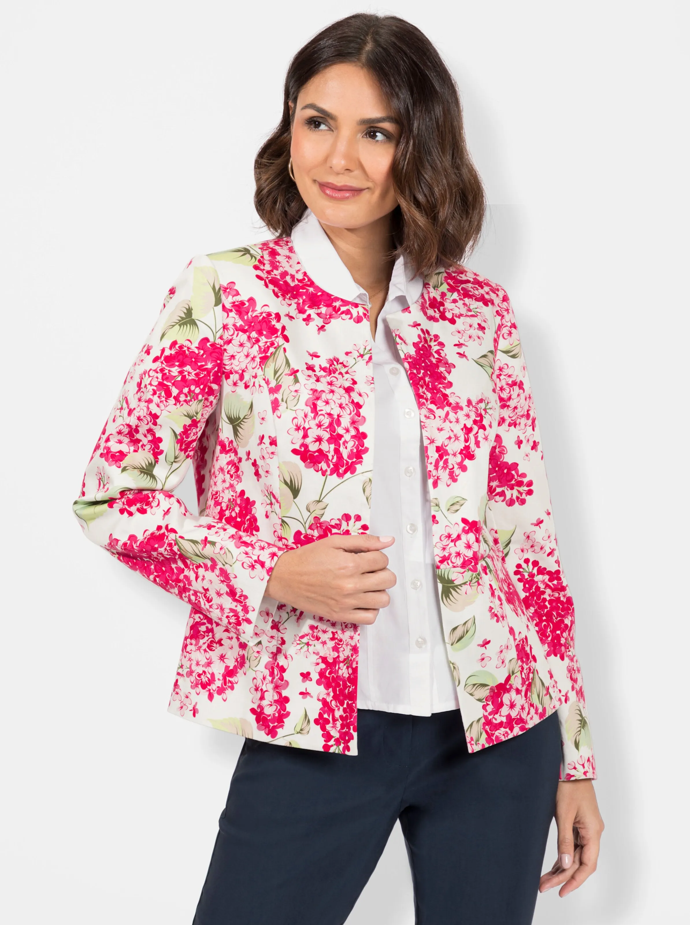 Blazer in ecru-fuchsia-bedruckt