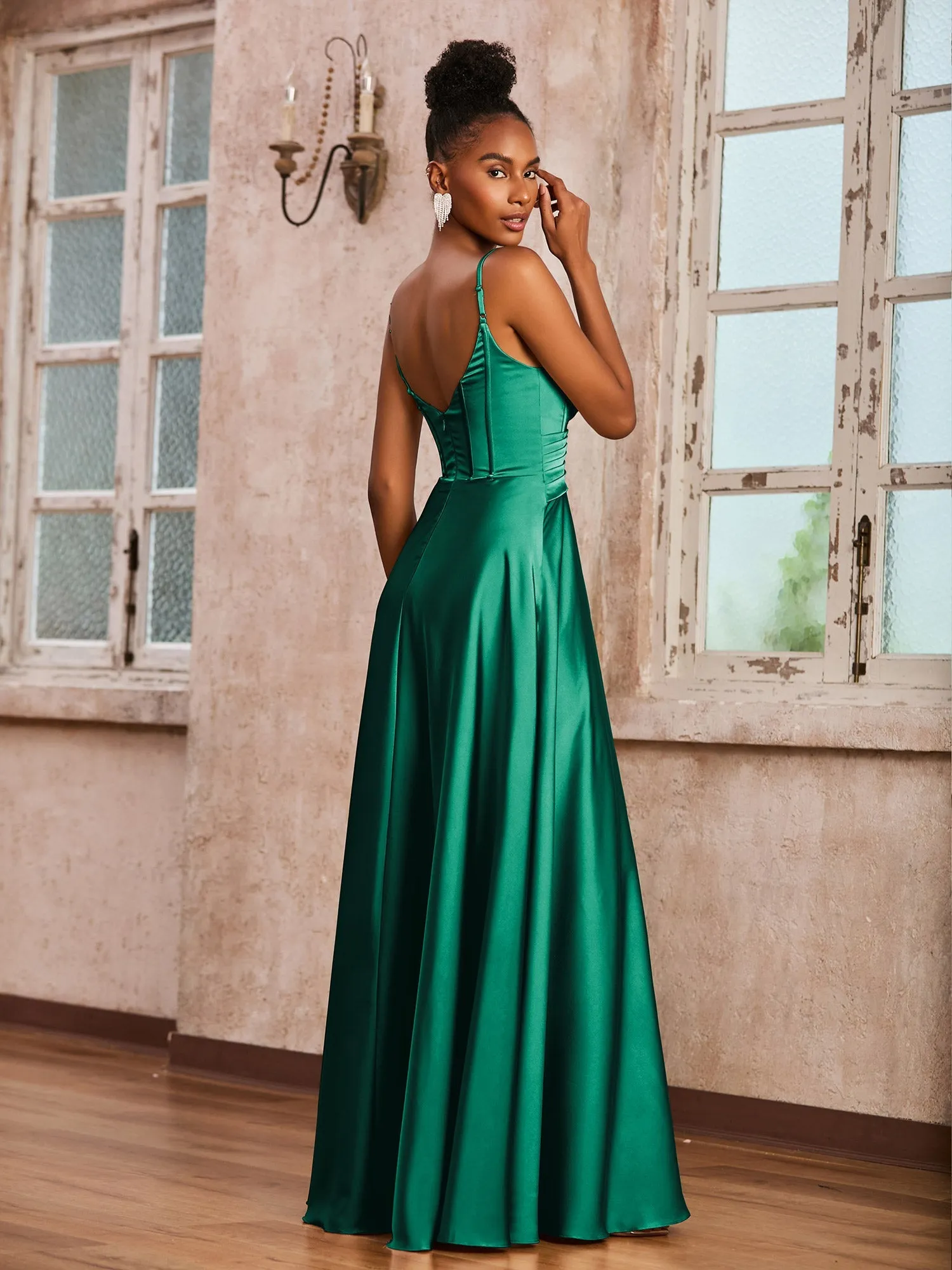 Korsett Oberteil Plissee Stretch-Satin Kleid Dunkelgrün