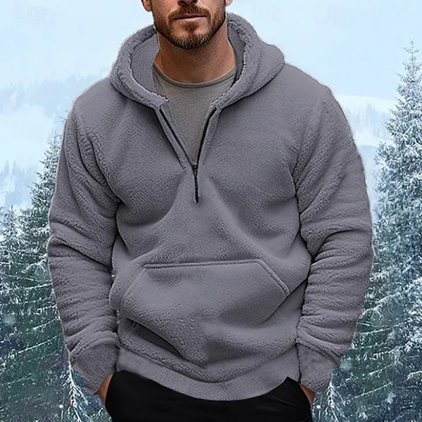 Modisches Sweatshirt aus Plüsch mit halbem Reißverschluss, langen Ärmeln, Kängurutasche und Kapuze für Herren