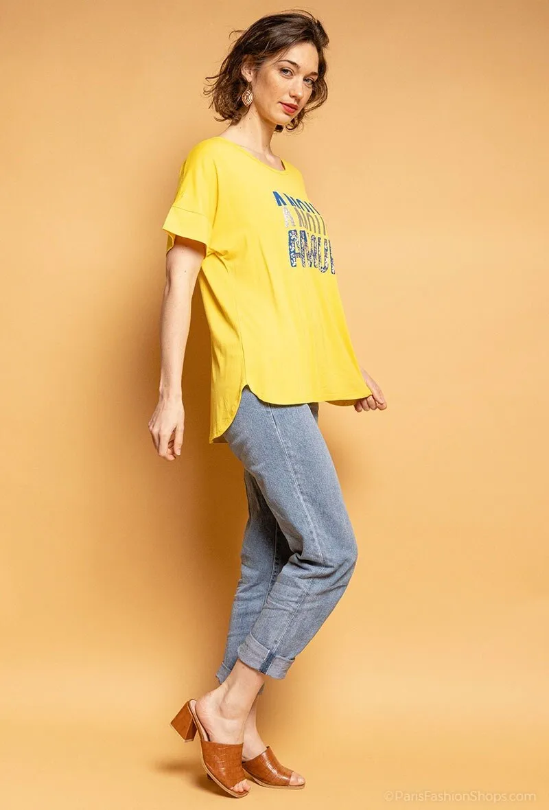 Sequined inscription printed t-shirt
